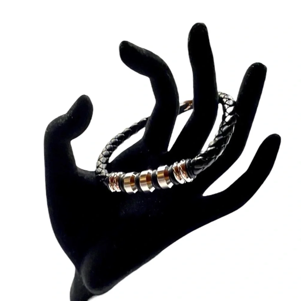 Men’s Braided Leather & Stainless Steel Bracelet – Black | Modern Style
